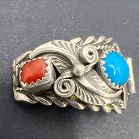 Vintage Watch Band Tips Extenders Sterling Silver Coral Turquoise Southwest - Picture 3 of 6